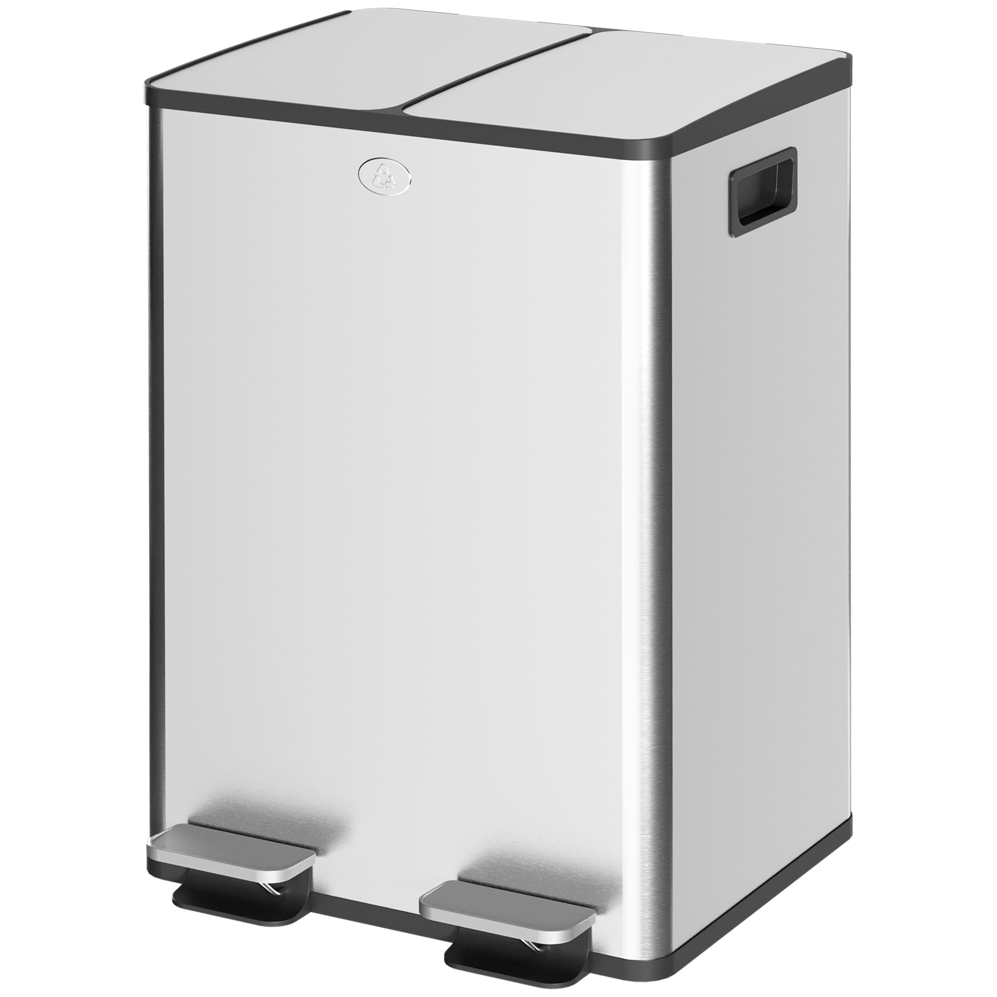 HOMCOM Dual Garbage Bin, Soft-Close Trash Can with Foot Pedal, 2 x 28 Liter Garbage Can with Removable Inner Buckets, Silver 