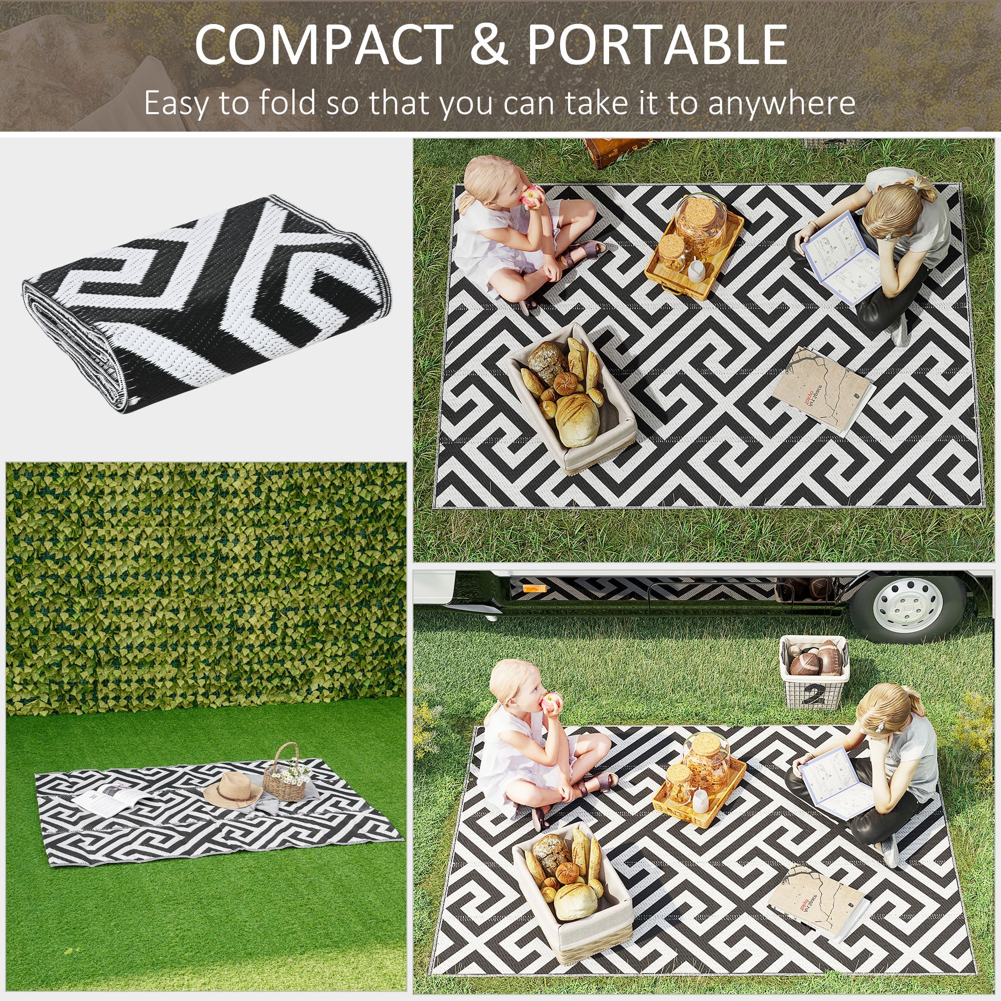 Outsunny 4' x 6' Reversible RV Outdoor Rug, Patio & Camping Plastic Straw Mat, Black & White, for Deck, Beach 