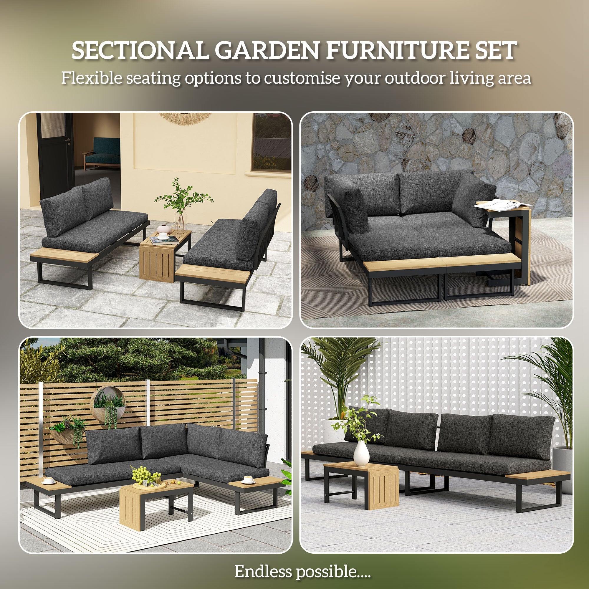 Outsunny 3 Pieces Aluminum Corner Patio Furniture Set Sectional Outdoor Sofa Set with 2 Loveseats Wood-Plastic Coffee Table Grey 