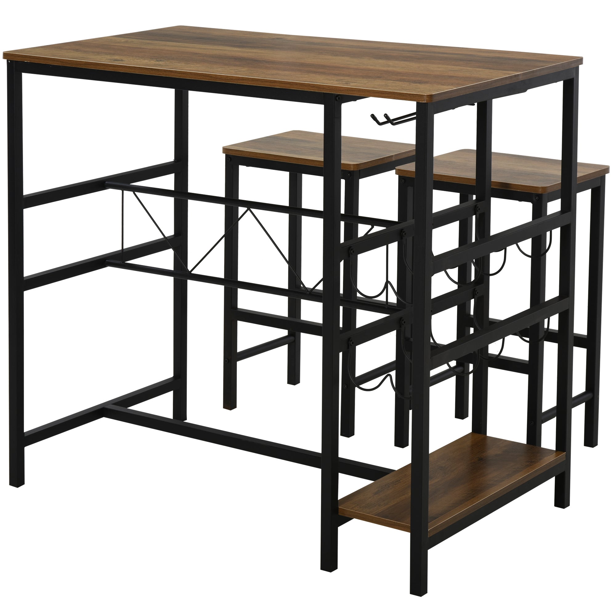 HOMCOM 3 Piece Dining Set Table Chairs Bar Bistro 8-Bottle Wine Rack Cup Holder Metal Frame 
