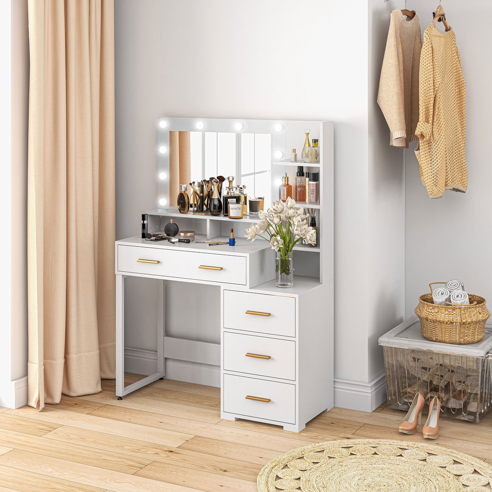 HOMCOM Illuminated Dresssing Table, LED Vanity Table with Mirror, Drawer and Storage Shelves for Bedroom, White 