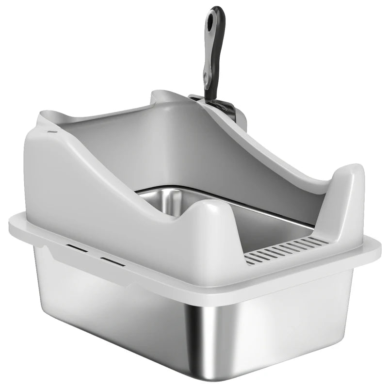 Cat Litter Box Stainless Steel with Metal Litter Scoop, Never Absorbs Odors, Anti Leakage, 17" x 13" x 10", Grey