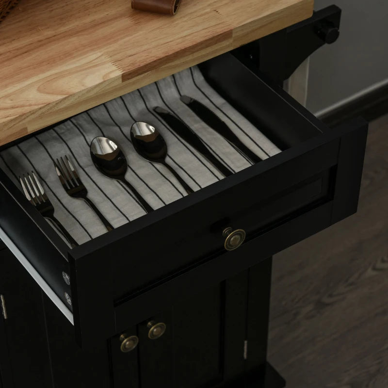 Rolling Kitchen Island with Rubber Wood Top and Storage, Spice Rack, Towel Rack, Black
