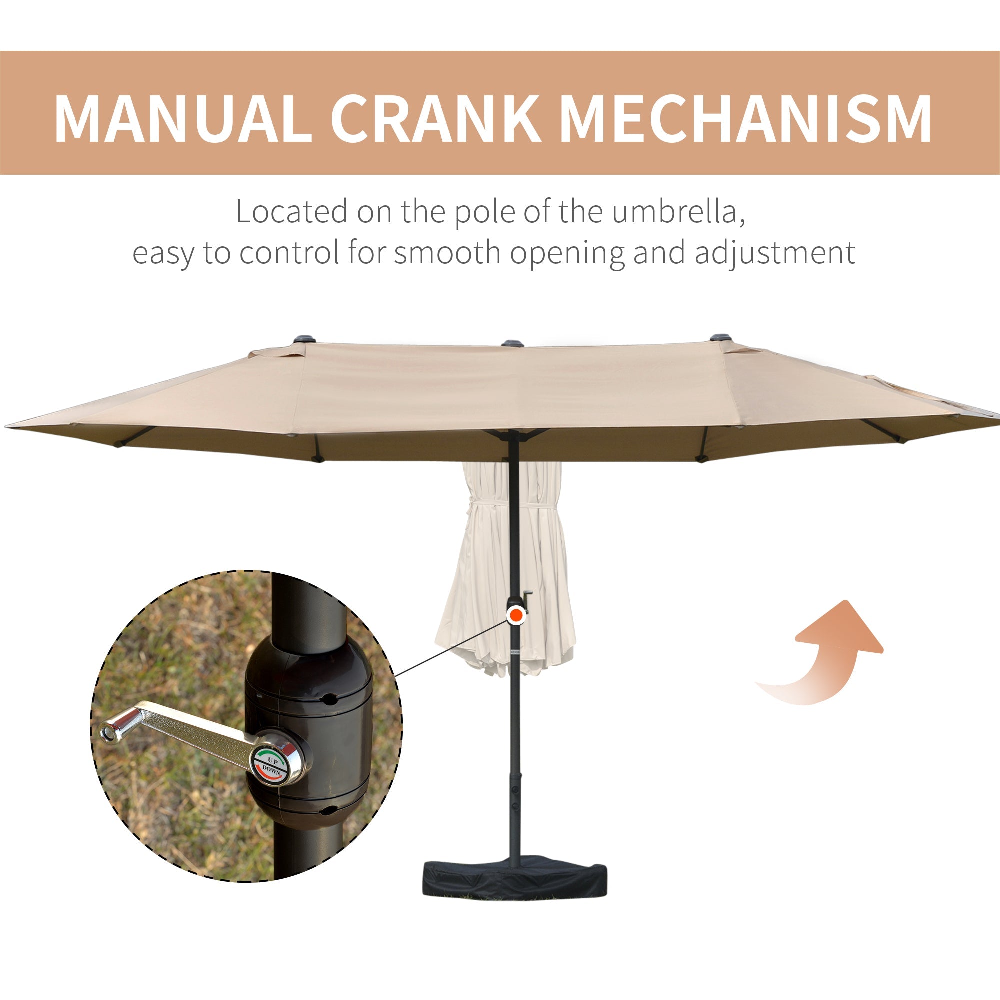 Outsunny 15' Outdoor Patio Umbrella with Twin Canopy Sunshade & Steel Table Umbrella with Lift Crank, Cross base, Sandbag, Khaki 