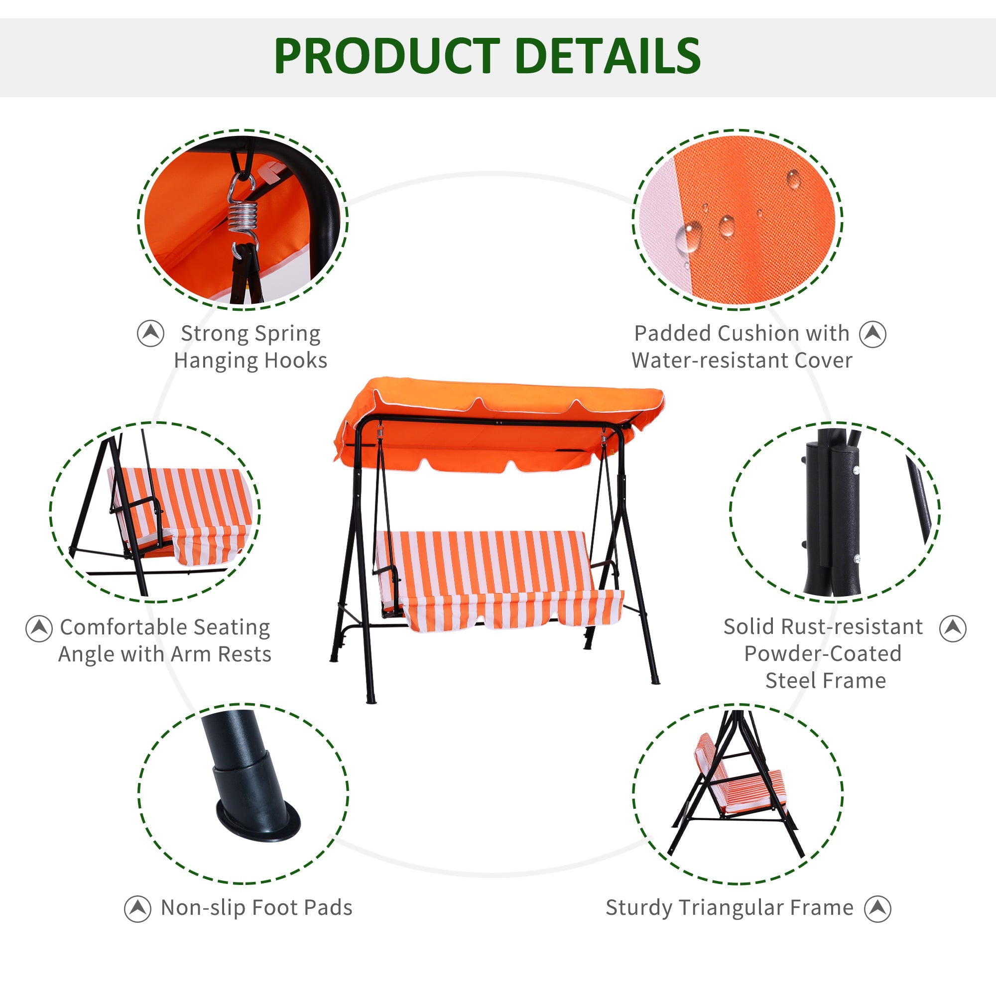 Outsunny Luxurious Lounging: Metal 3-Seater Outdoor Swing Chair with Cushions, Canopy, and Frame for Garden, Patio, Orange and White 
