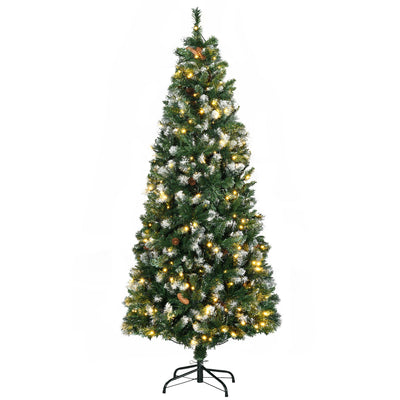 HOMCOM 6' Decorated Christmas Trees, Prelit Artificial Christmas Tree with Snow-dipped Branches, Auto Open, Pinecones, Green 