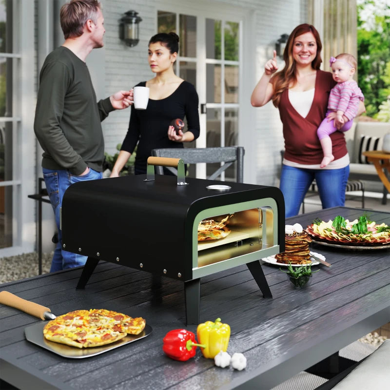 Outdoor Tabletop Gas Pizza Oven with 12" Stone and Peel, Portable Pizza Oven Maker with Thermometer, Foldable Legs, Handle, Gas Hose and Regulator, Black