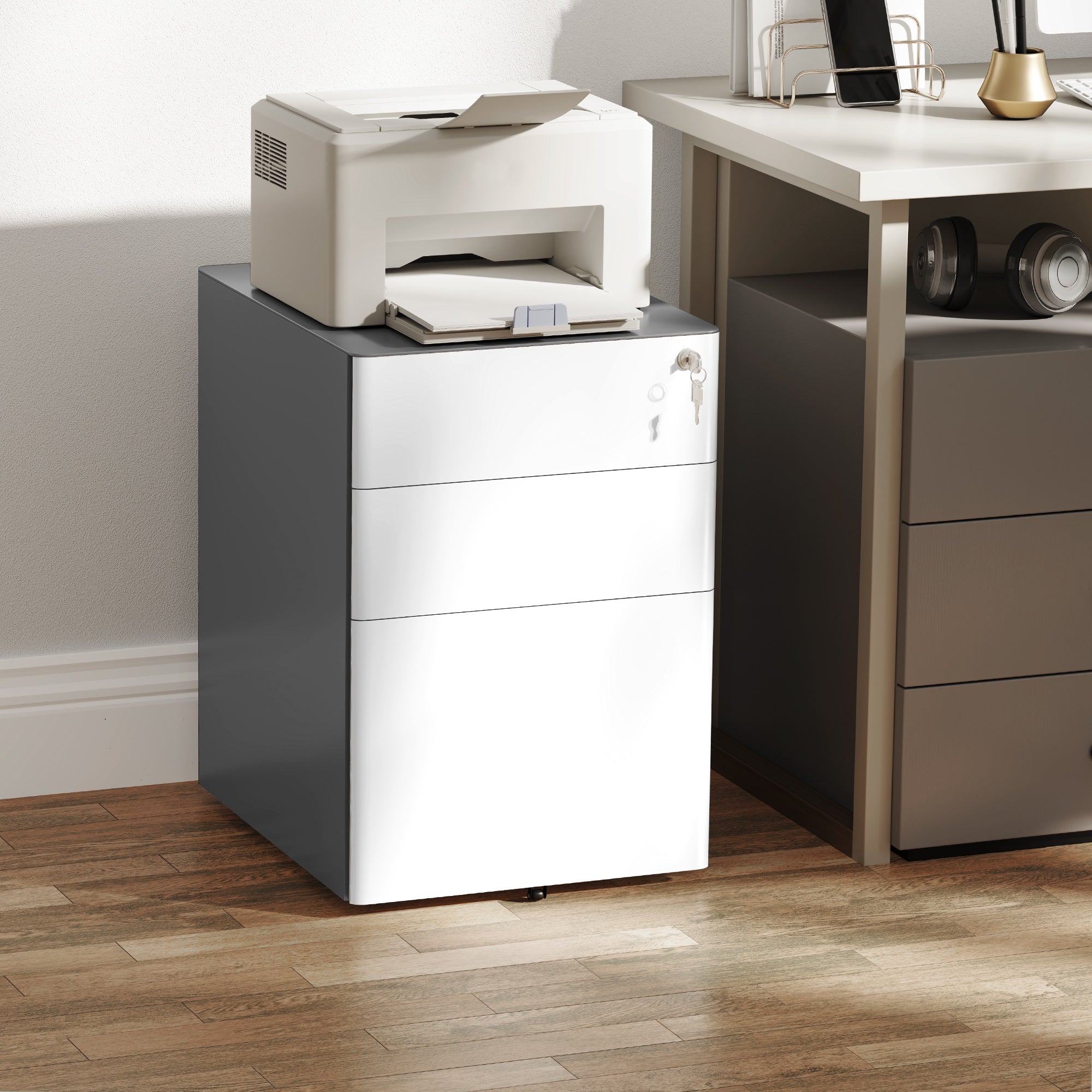 Vinsetto 3 Drawer Filing Cabinet, Home Office Storage Cabinet with Wheels, Lock for A4, Letters, Legal-sized Files, Grey and White 