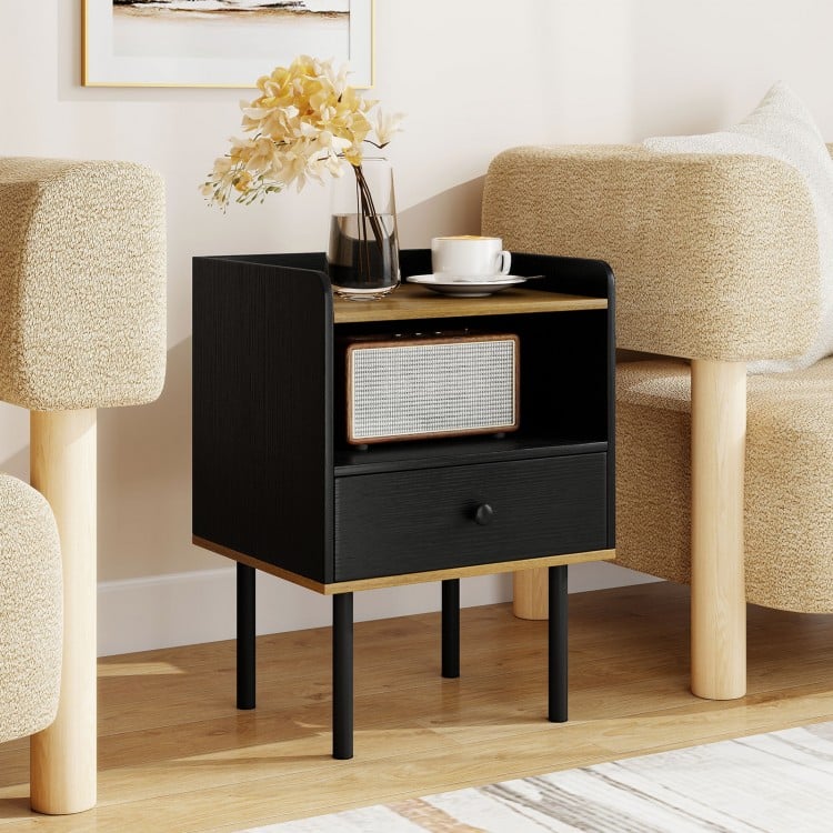 Nightstand Bedside End Table with Drawer and Open Shelf for Living Room Bedroom-1 Piece
