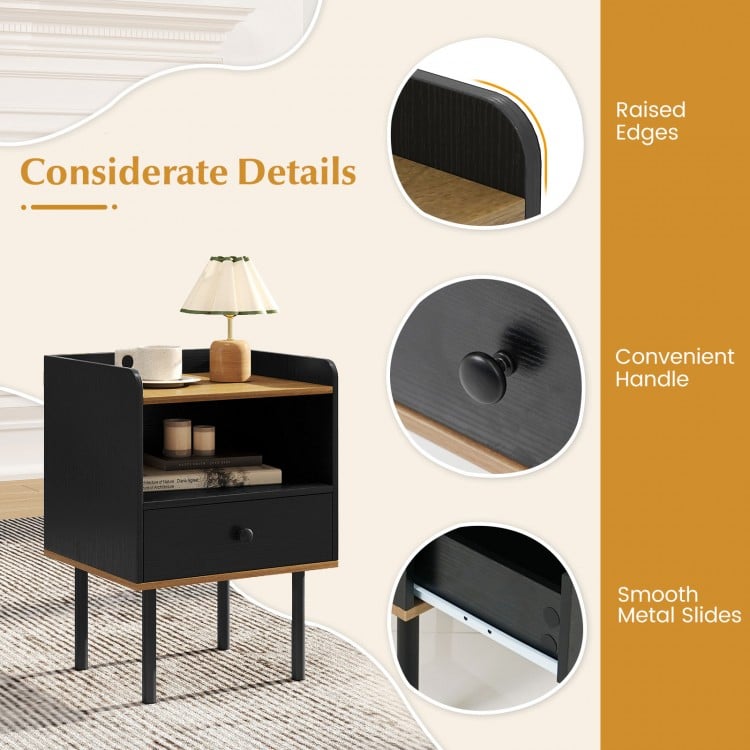 Nightstand Bedside End Table with Drawer and Open Shelf for Living Room Bedroom-1 Piece