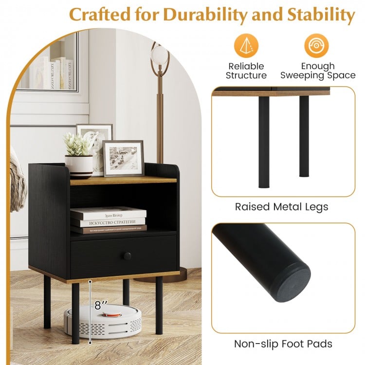 Nightstand Bedside End Table with Drawer and Open Shelf for Living Room Bedroom-1 Piece