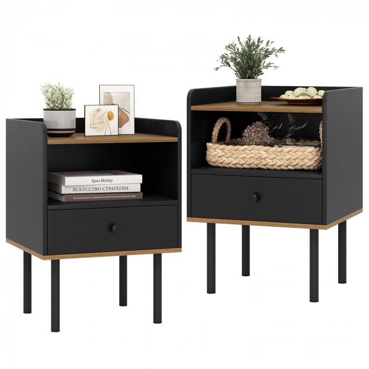 Nightstand Bedside End Table with Drawer and Shelf for Living Room Bedroom-Set of 2