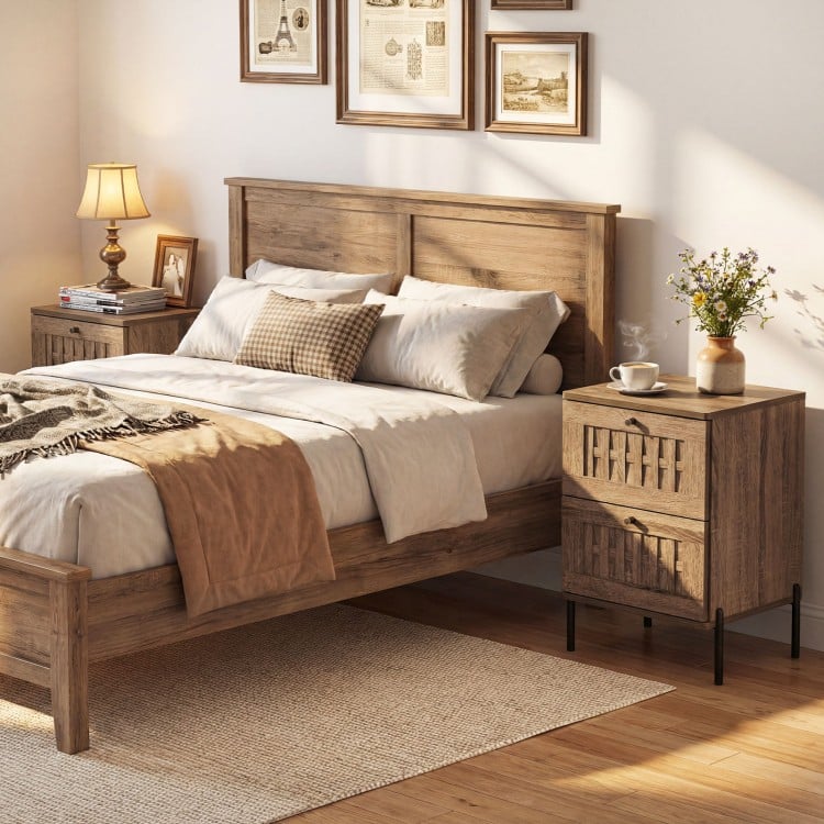 Nightstand Mid Century Modern End Table with Storage Drawers-Rustic Brown