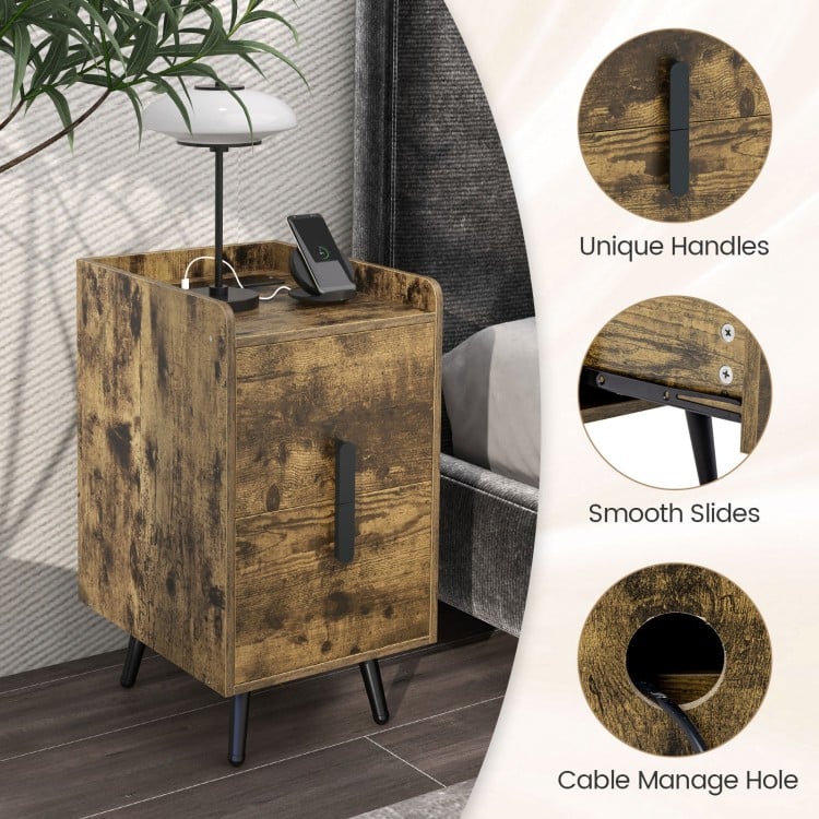 Nightstand Side Tables with 2 Drawers and 2 USB Ports-Rustic Brown