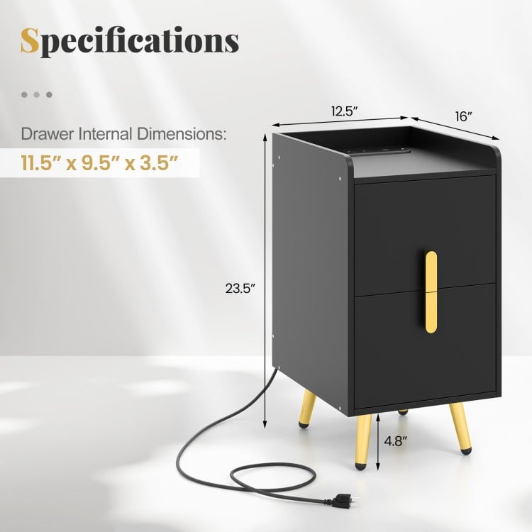 Nightstand Side Tables with 2 Drawers and 2 USB Ports-Black