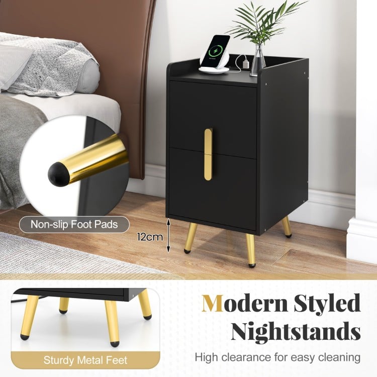 Nightstand Side Tables with 2 Drawers and 2 USB Ports-Black