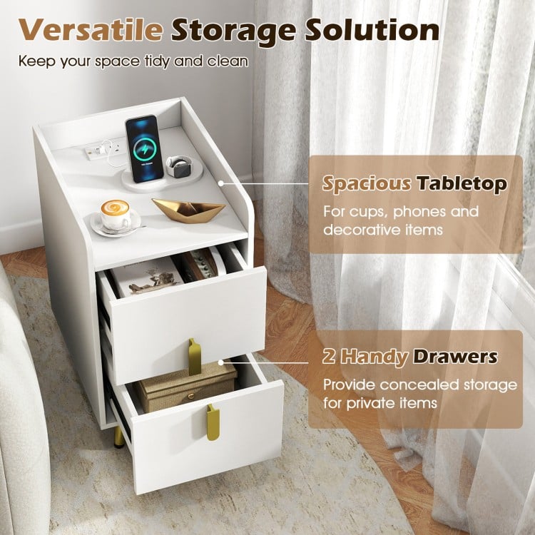 Nightstand Side Tables with 2 Drawers and 2 USB Ports-White