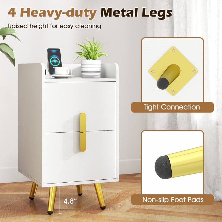 Nightstand Side Tables with 2 Drawers and 2 USB Ports-White
