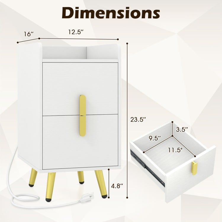 Nightstand Side Tables with 2 Drawers and 2 USB Ports-White