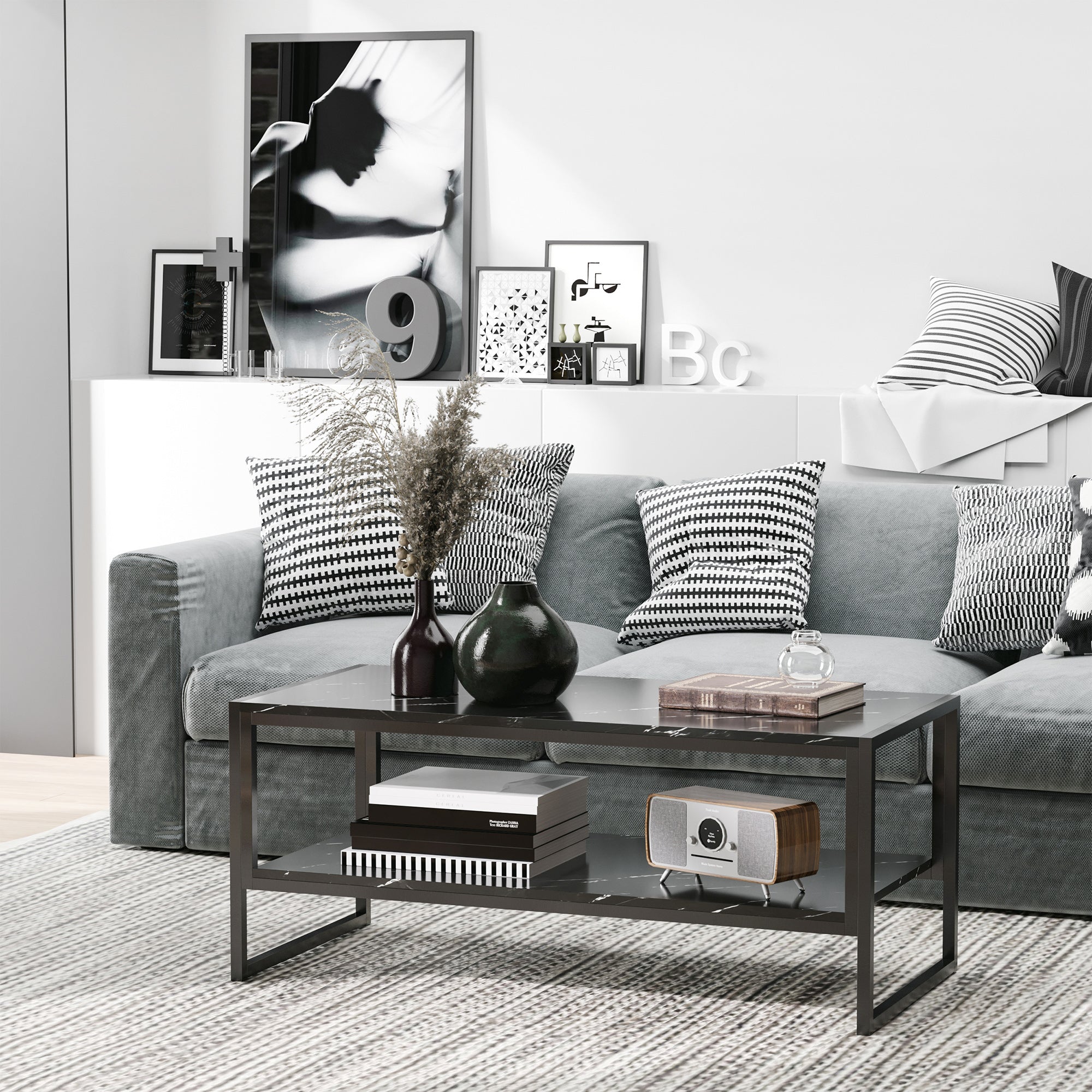 HOMCOM Black 2-Tier Coffee Table: Cocktail Table with Marble Textured Top, Storage Shelf for Living Room, Bedroom, Dorm 