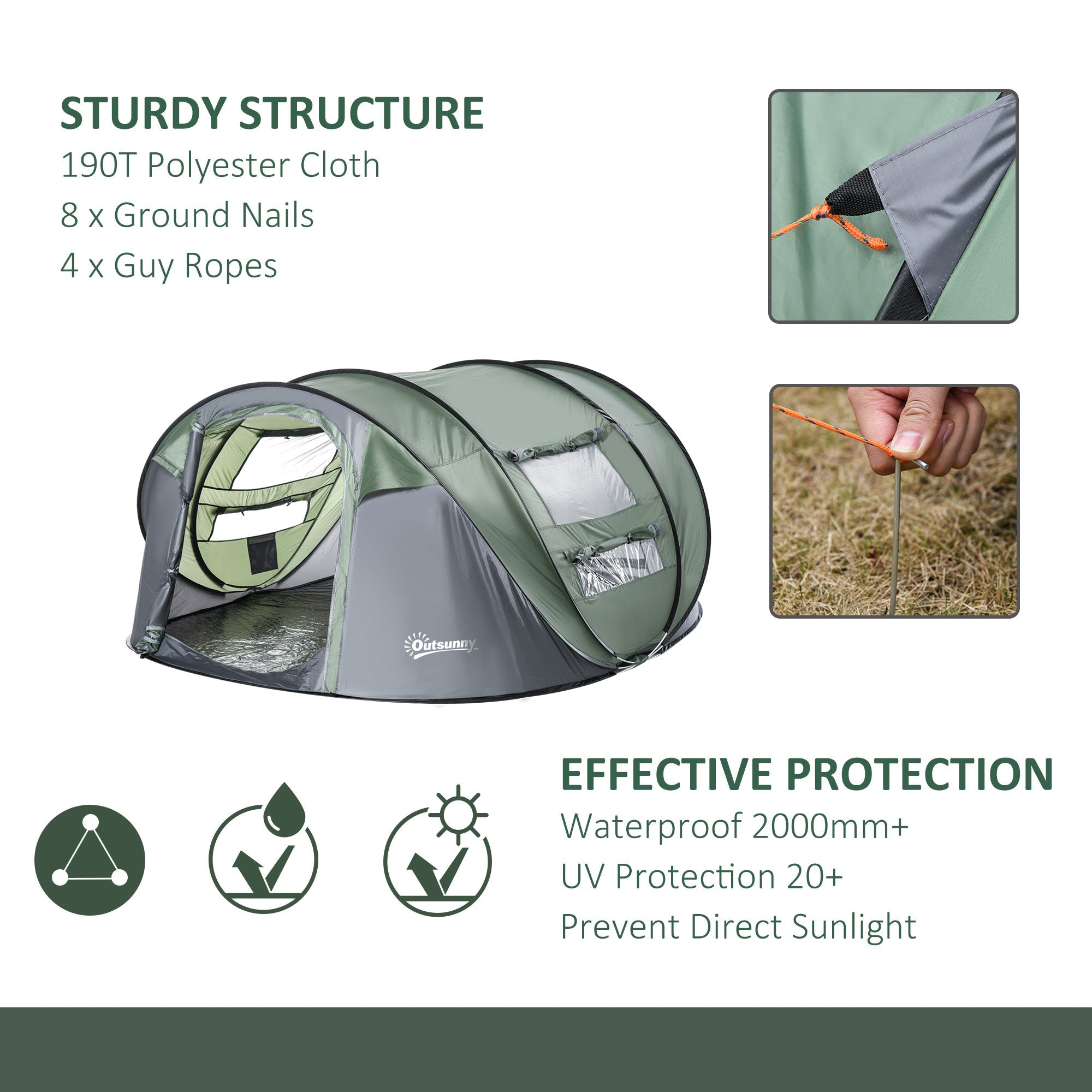 Outsunny 5 Person Camping Tent, Easy Pop Up Tent with Doors, Windows and Carry Bag, Automatic Setup Tent for Hiking, Dark Green 