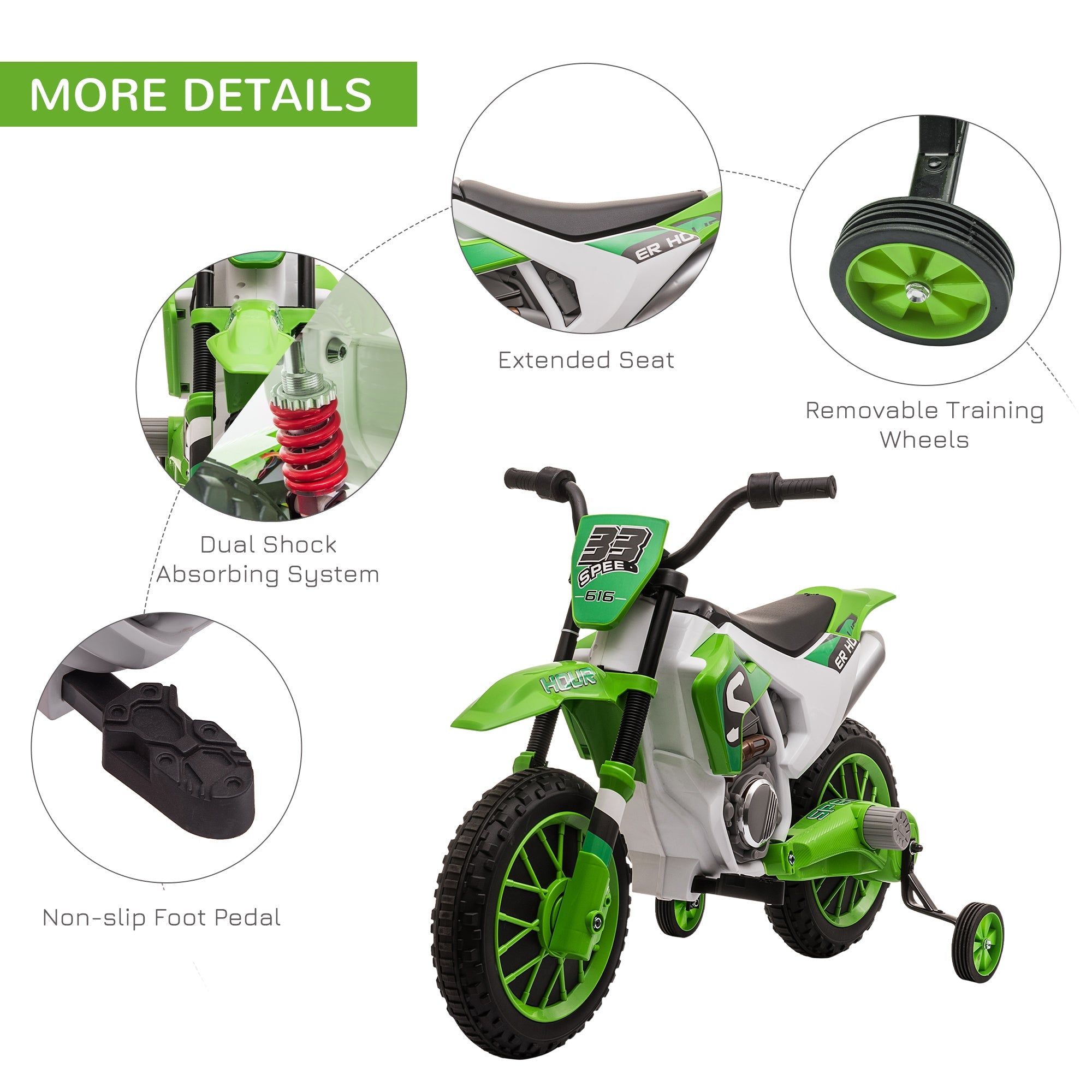 Aosom Kids Dirt Bike Battery-Powered Ride-On Electric Motorcycle with Charging 12V Battery, Training Wheels Green 