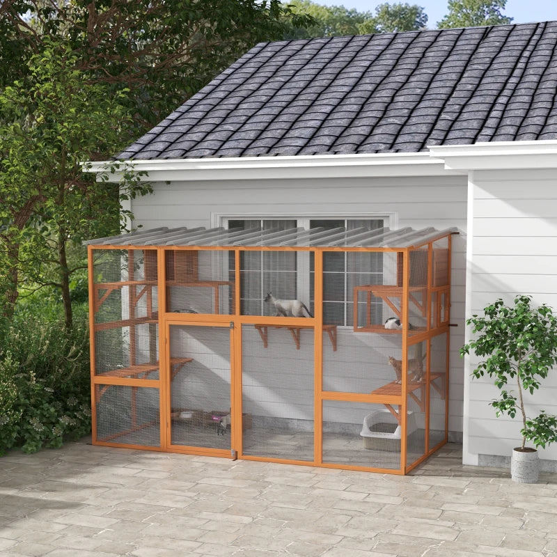 Cat Catio, Large Outdoor Cat Enclosure with 2 Condos, Jumping Platforms, Waterproof Roof, Orange