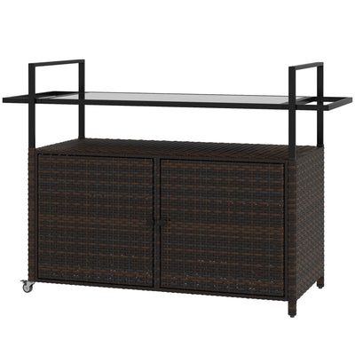 Outsunny 2-Tier PE Rattan Outdoor Bar Cart, Glass Top Outdoor Kitchen Island with Cabinet, Mixed Brown 