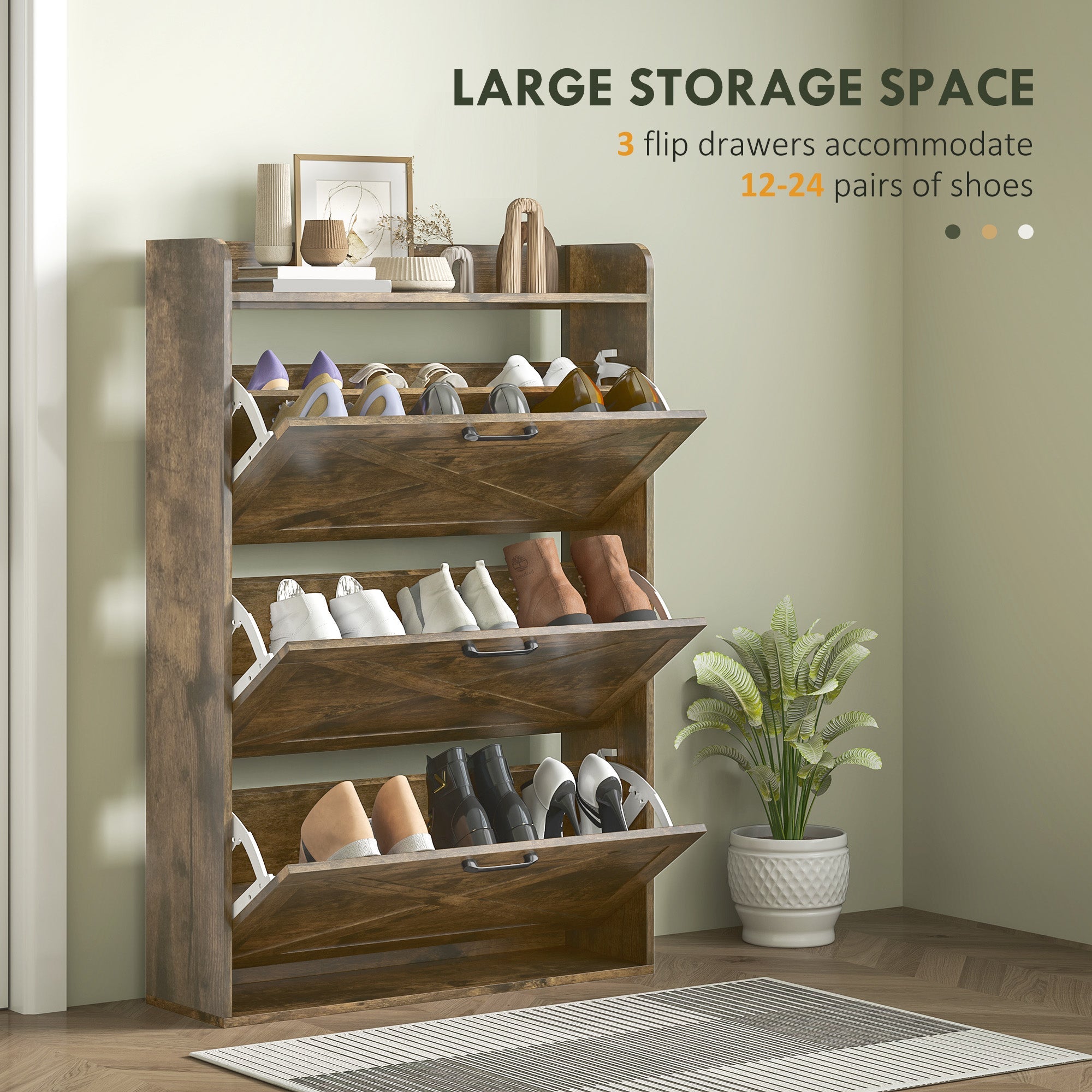 HOMCOM Narrow Shoe Storage Cabinet Farmhouse Shoe Cabinet with 3 Flip Drawers Adjustable Shelves for Entryway Rustic Brown 
