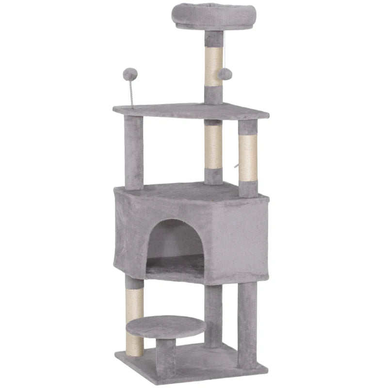 54 Inch Cat Tree with Large Condo, Top Perch, Sisal Scratching Posts, Dangling Toy Ball,Light Grey