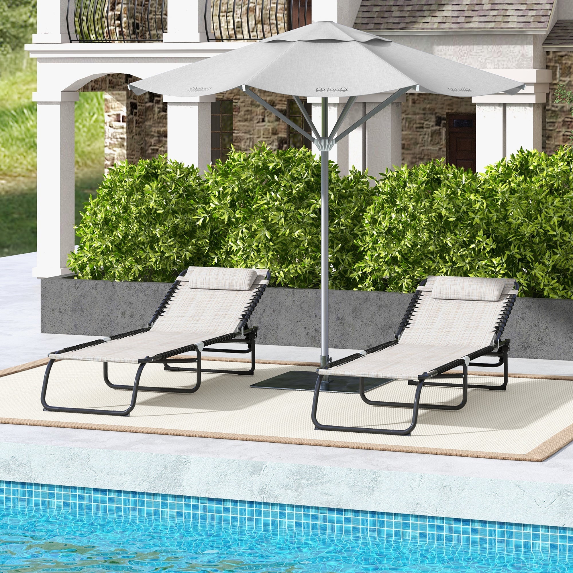Outsunny 2 PCs Folding Lounge Chairs, Adjustable Chaise Lounges with Headrest for Camping, Hiking, Cream White 