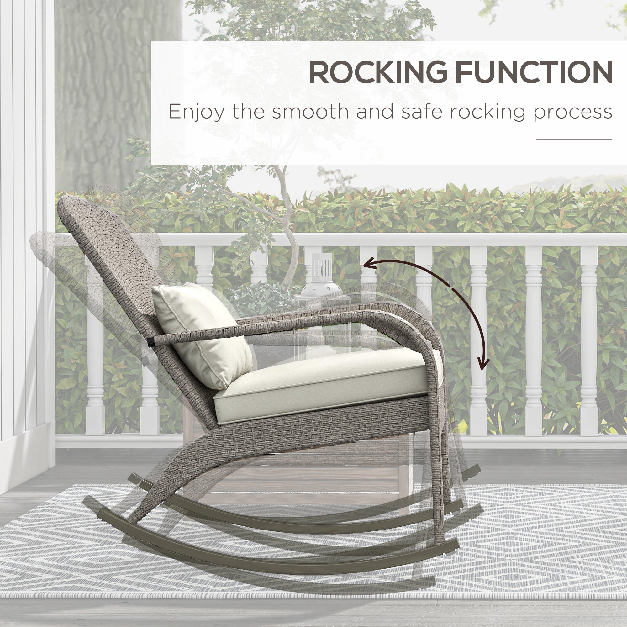 Outsunny Adirondack Rocking Chair Outdoor Wicker with High Back Seat Cushion Pillow for Porch Balcony Cream White 