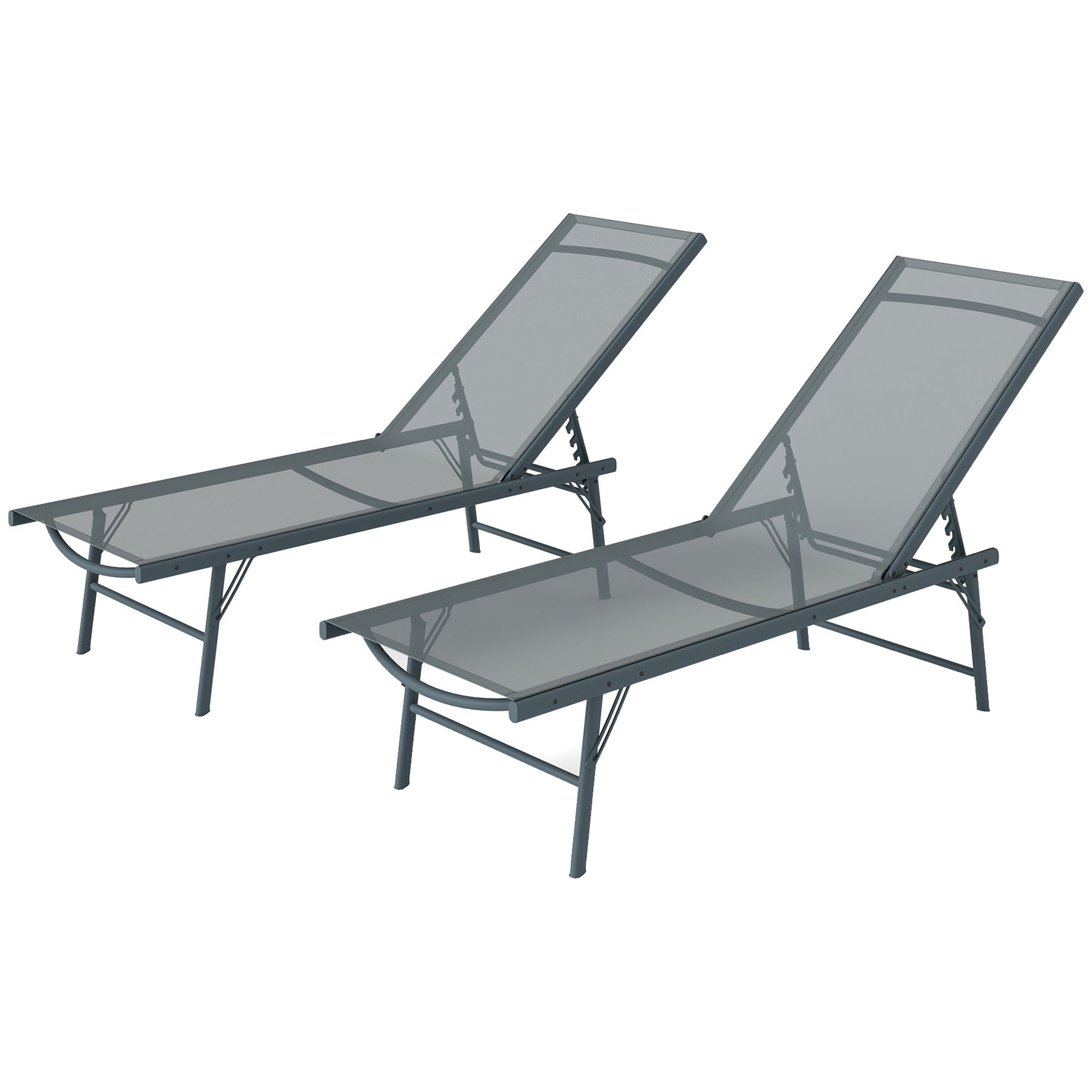 Outsunny 2 Pieces Folding Outdoor Lounge Chairs, Reclining Chaise Lounge Tanning Chair w/ Adjustable Back, Mesh Seat, Light Grey 