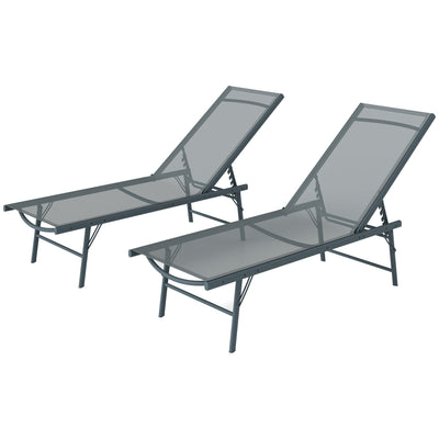Outsunny 2 Pieces Folding Outdoor Lounge Chairs, Reclining Chaise Lounge Tanning Chair w/ Adjustable Back, Mesh Seat, Light Grey 