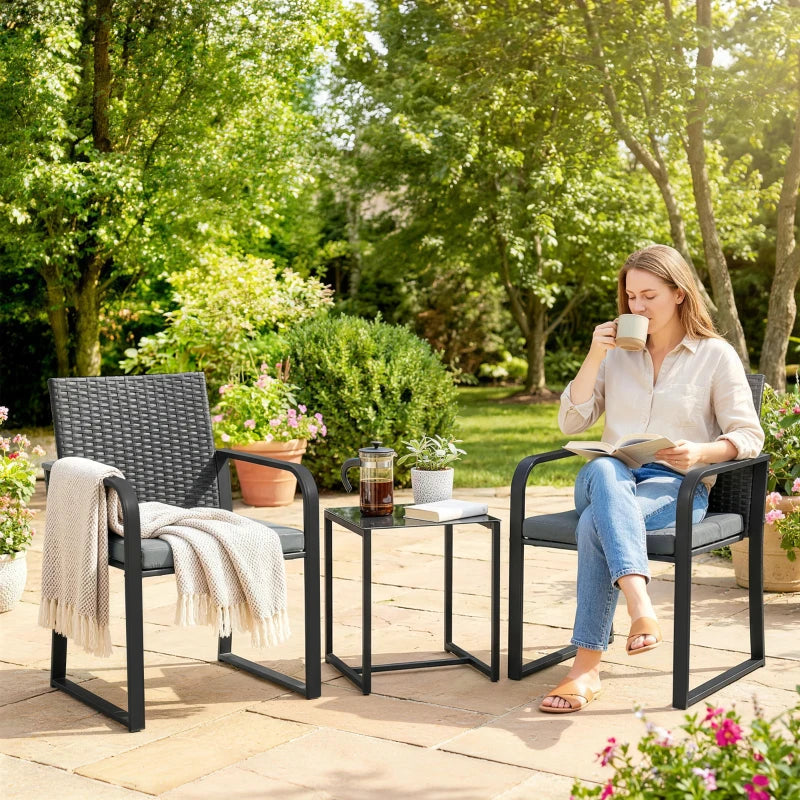 Outdoor Bistro Set, 3 Piece Wicker Patio Furniture with Mesh Seat, Glass Table, Cushions for Porch, Balcony, Grey