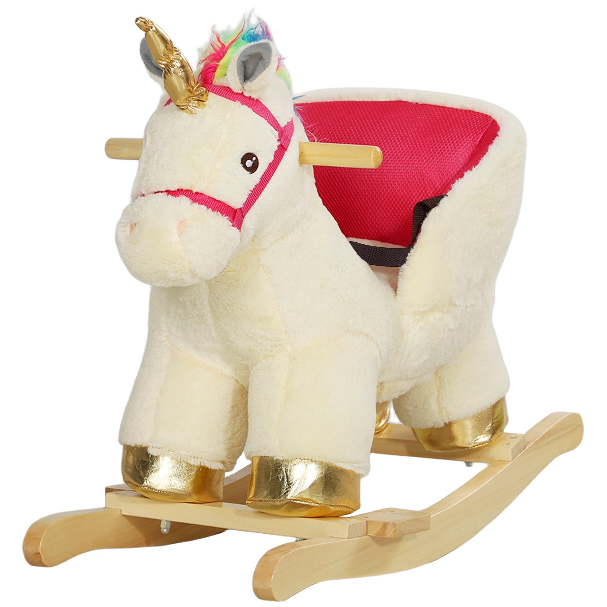Qaba Rocking Horse Unicorn with Sound, Safety Belt, Wooden Base, for 18-36 Months 