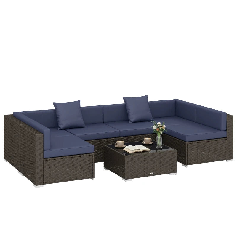 7pc Garden Wicker Sectional Set w/ Tea Table Patio Rattan Lounge Sofa Outdoor Deck Furniture Navy Blue