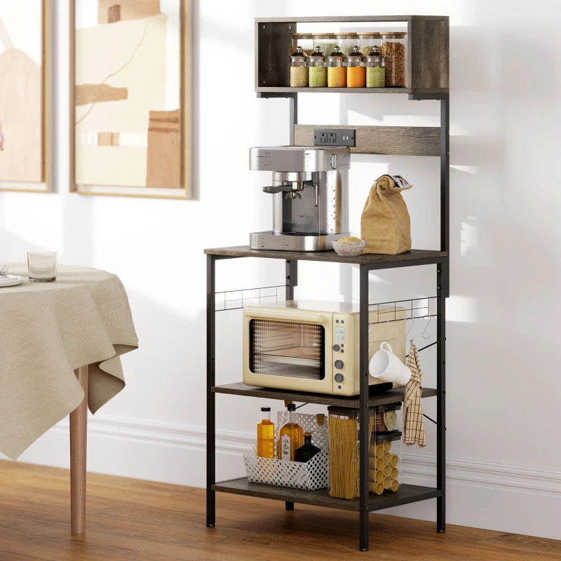 Baker's Rack with Charing Station, Microwave Shelf with Power Outlet, USB Charger and 5 Hooks, Distressed Grey