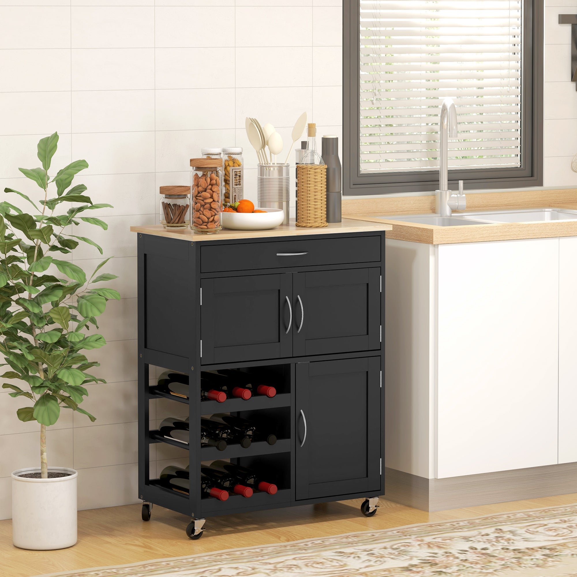 HOMCOM Kitchen Entertainer: Black Rolling Trolley with Storage Drawer, 9-Bottle Wine Rack Cabinet, Wooden Top 
