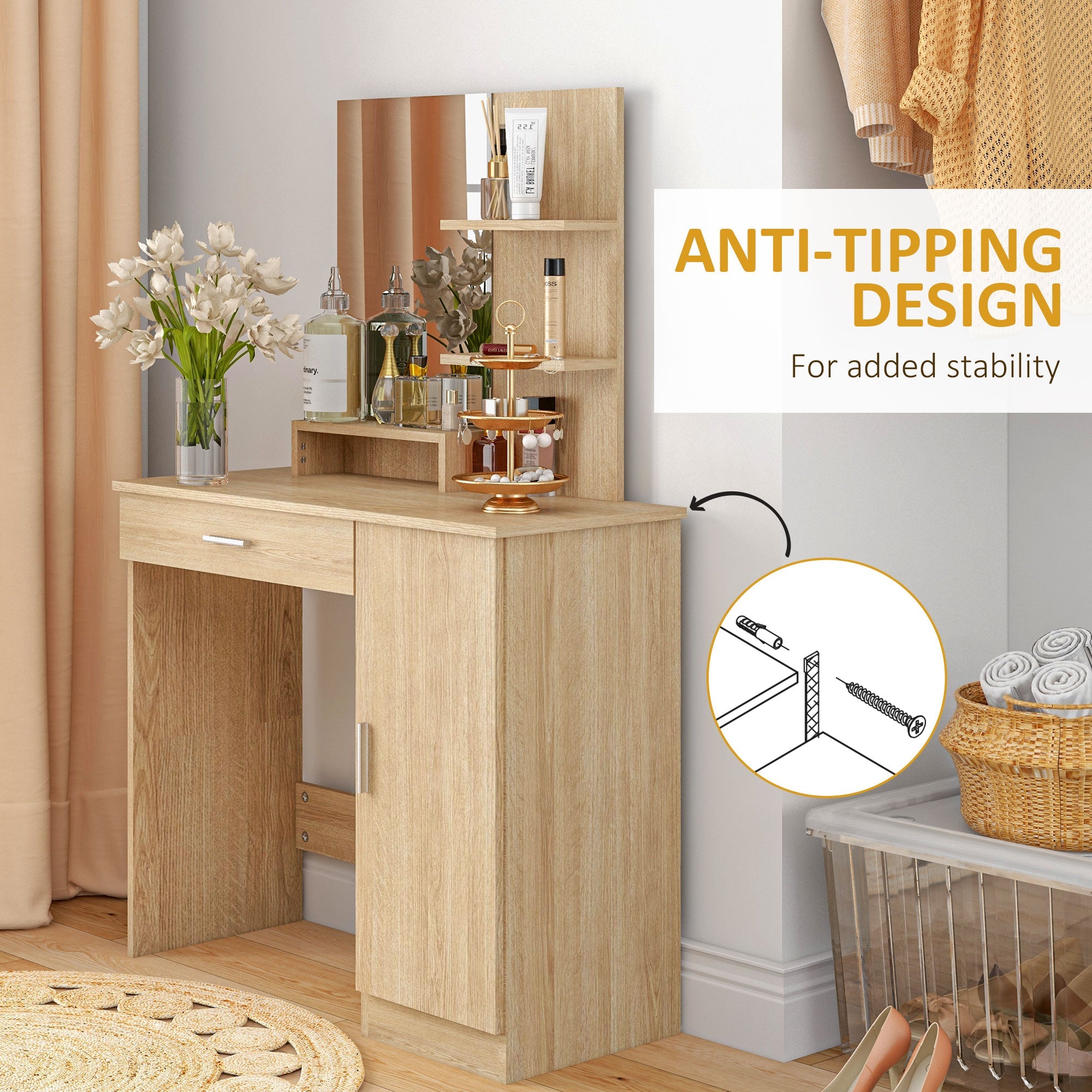 HOMCOM Dressing Table, Vanity Table with Mirror, Drawer and Storage Shelves for Bedroom, 35.4" x 15" x 54.3", Maple Wood 