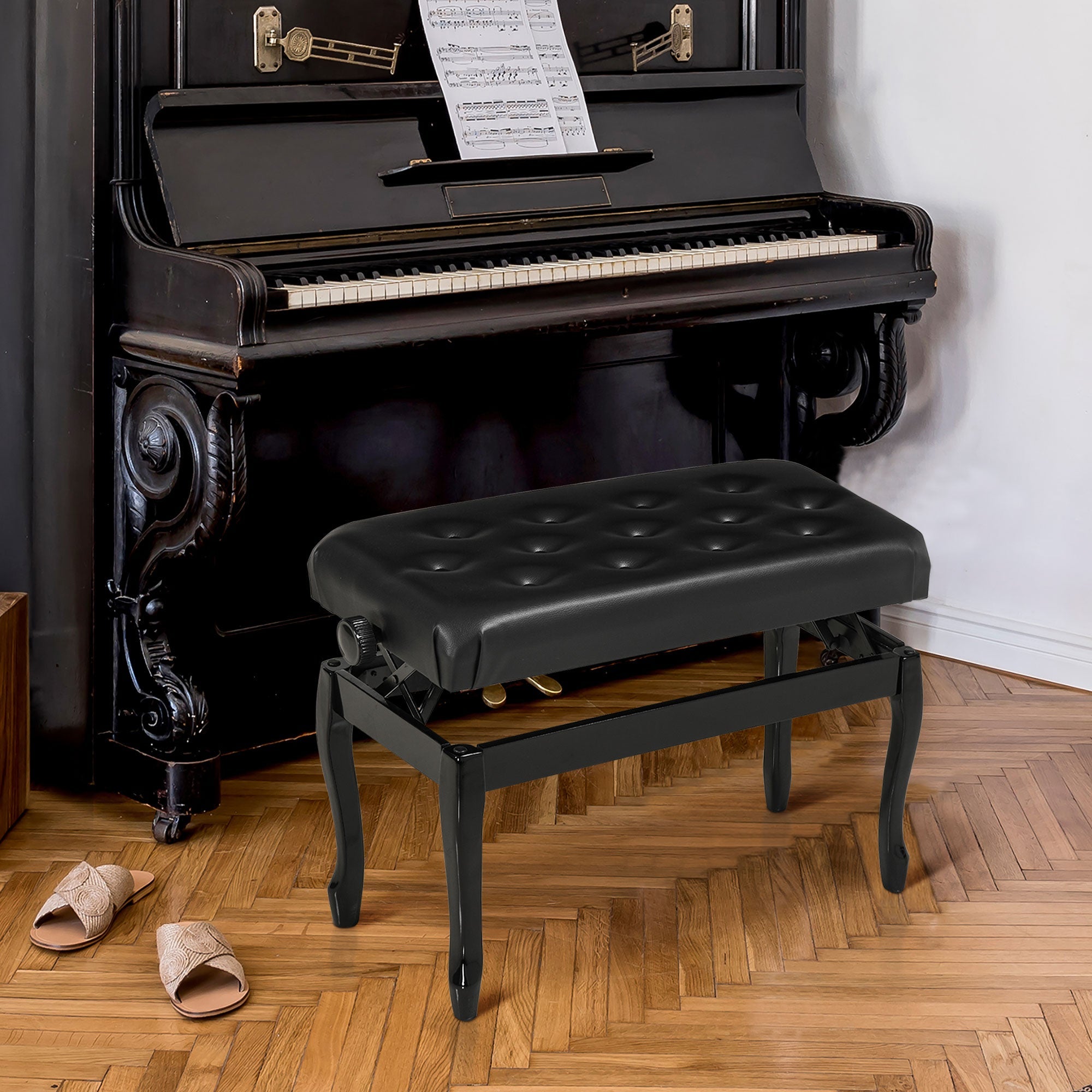 HOMCOM Deluxe Adjustable Piano Bench Stool Button Tufted PU Leather Padded Seat High Gloss Rubberwood Legs Black 