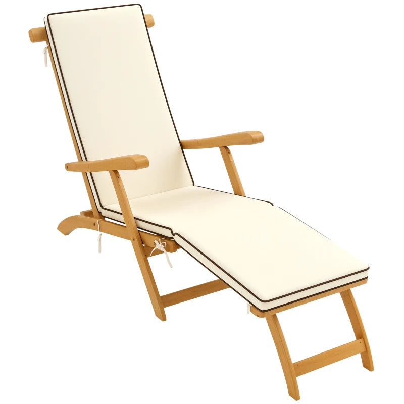 Folding Patio Lounge Chair with Padded Cushion, Acacia Wood Patio Lounger Recliner with Footrest for Garden, White