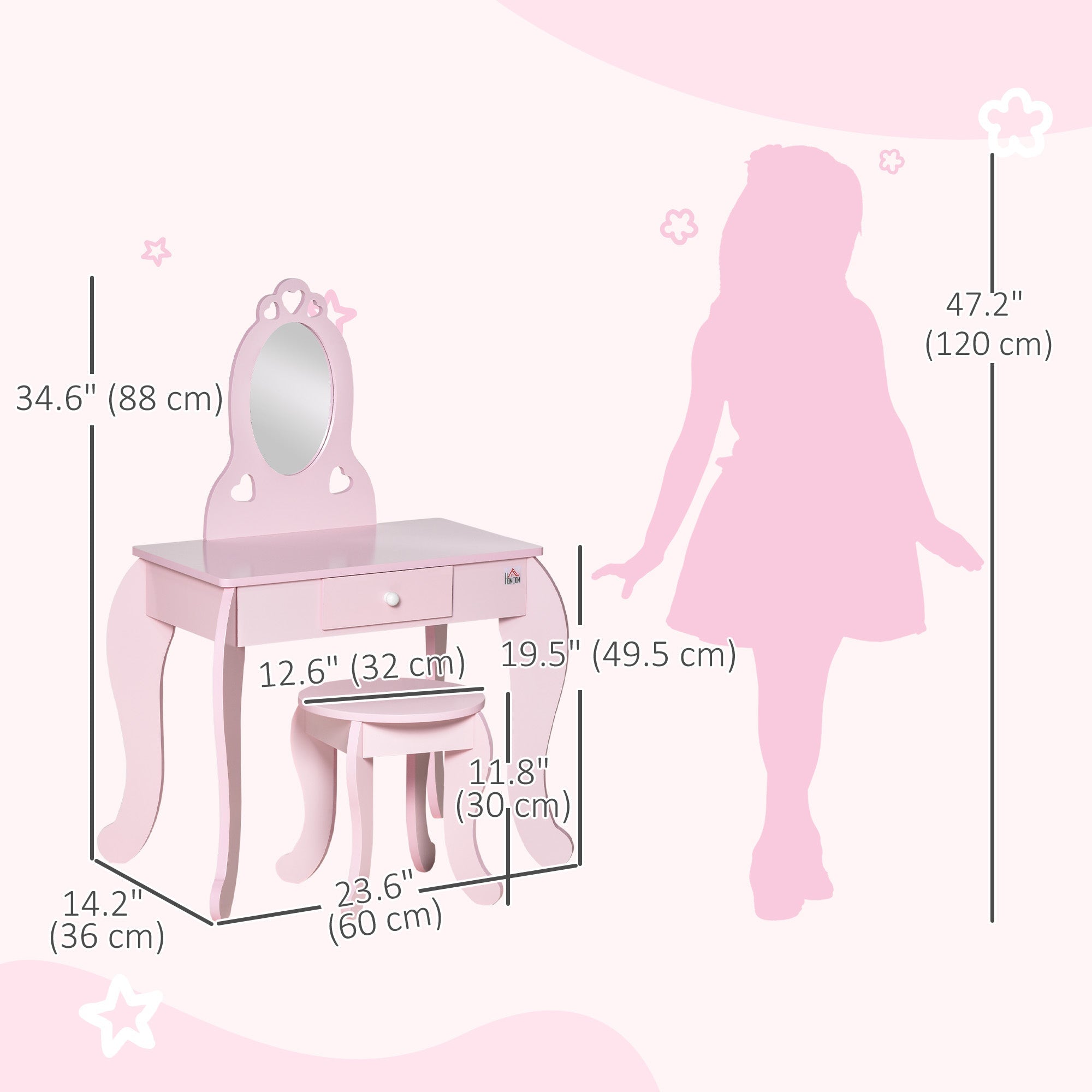 Qaba Kids Vanity Table Set with Mirror and Stool, Drawer, for 3-6 Years, Pink 