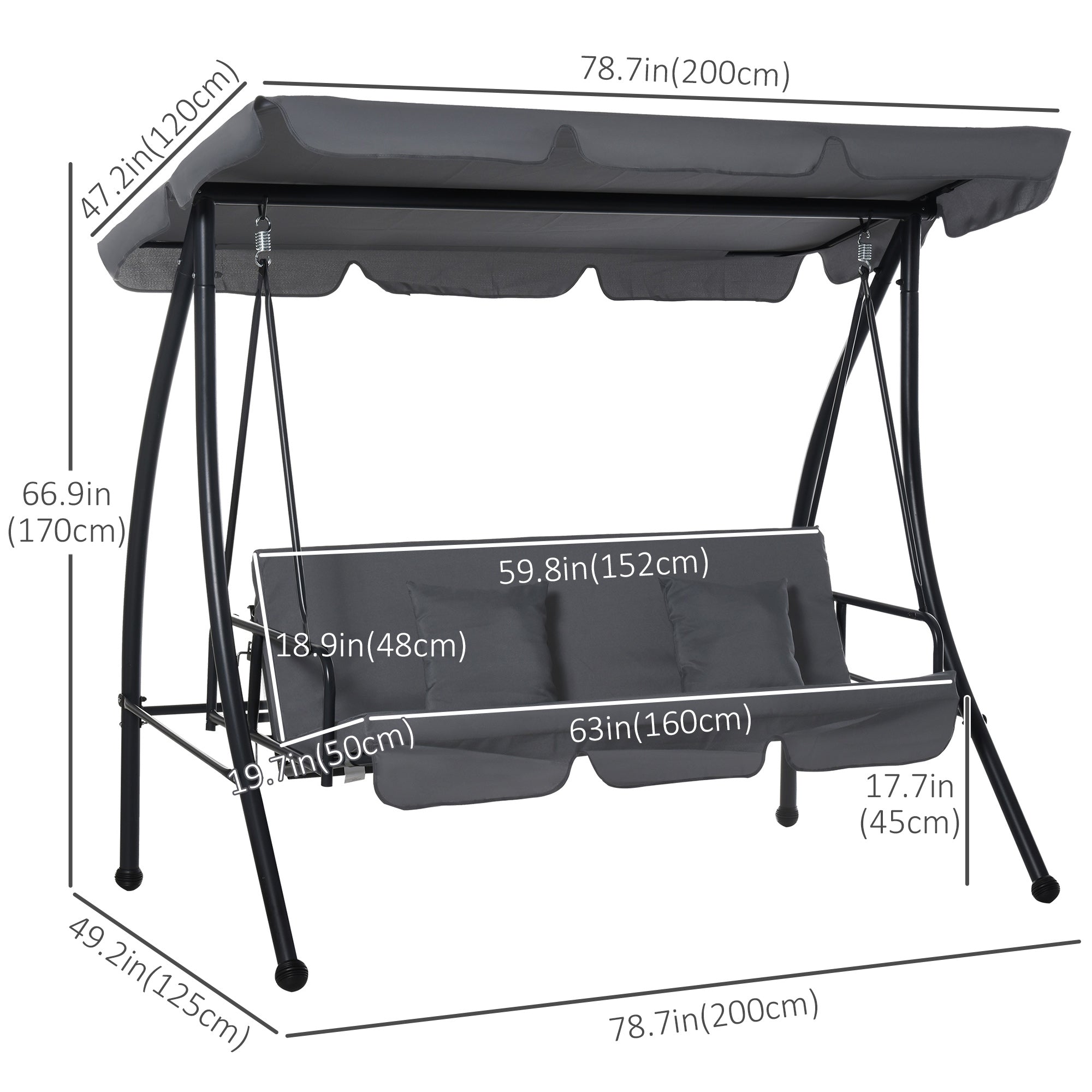 Outsunny Convertible Patio Swing Chair Garden 3 Person Hammock Outdoor Lounge Bed Cushioned with Tilt Canopy Dark Grey 