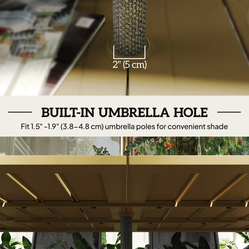 59" Outdoor Patio Table with Umbrella Hole, Outdoor Dining Table with Slatted Tabletop for Backyard Garden, Brown