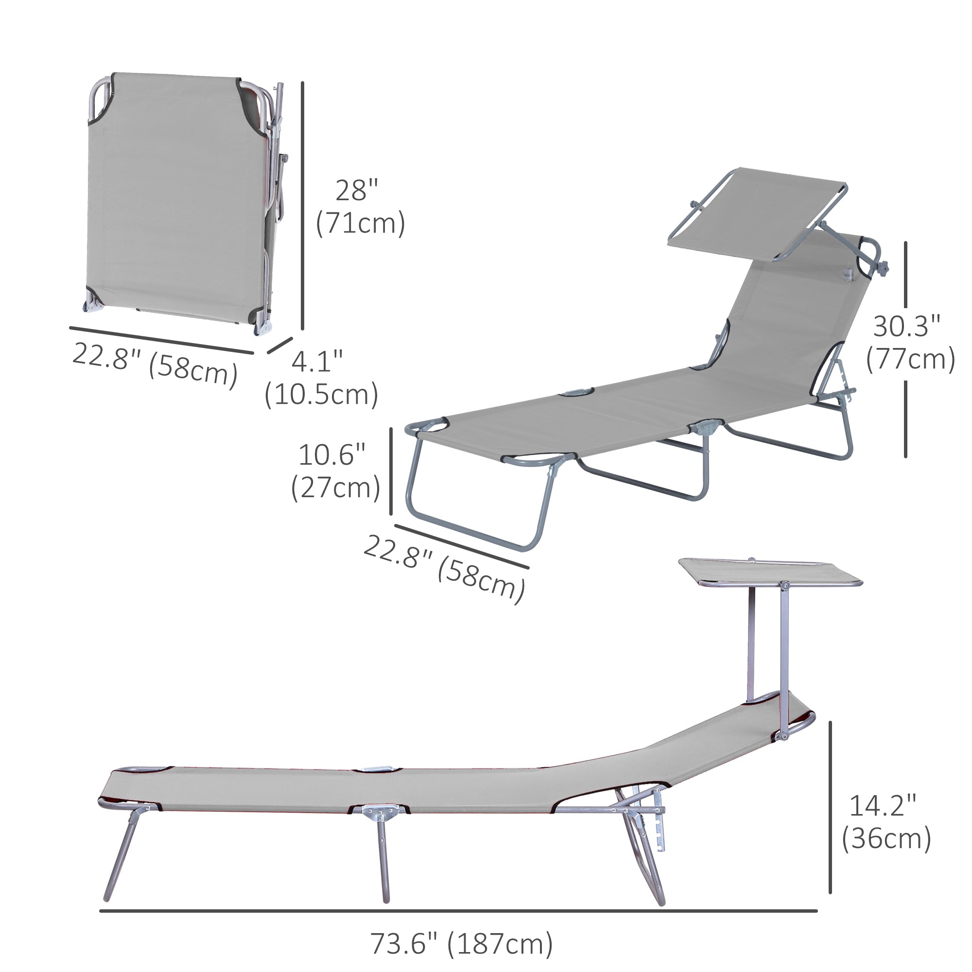 Outsunny Outdoor Lounge Chair Adjustable Folding Chaise Tanning Chair with Sun Shade for Beach Comfort Light Grey 