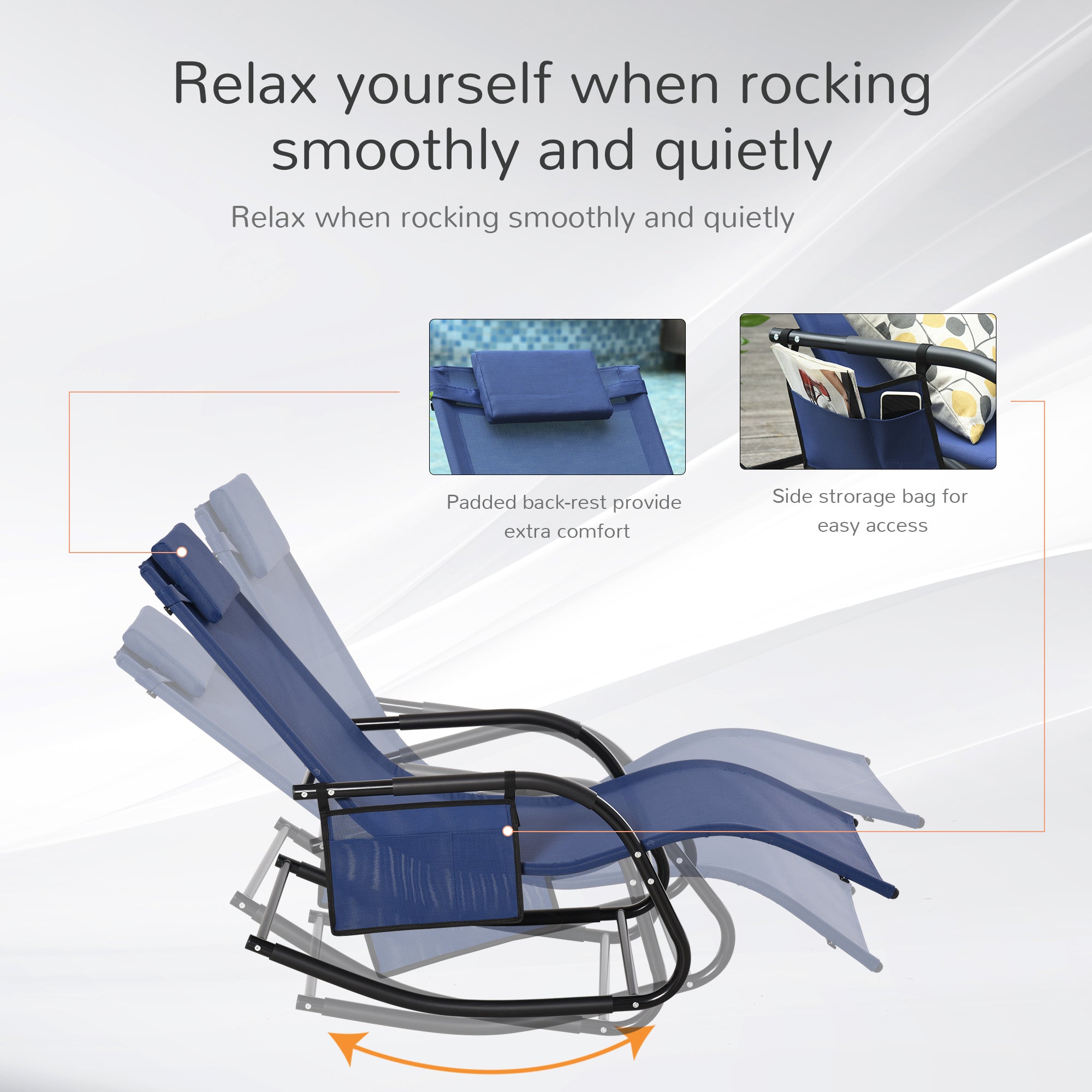 Outsunny Outdoor Rocking Recliner, Sling Sun Lounger with Removable Headrest and Side Pocket for Garden, Patio and Deck, Blue 