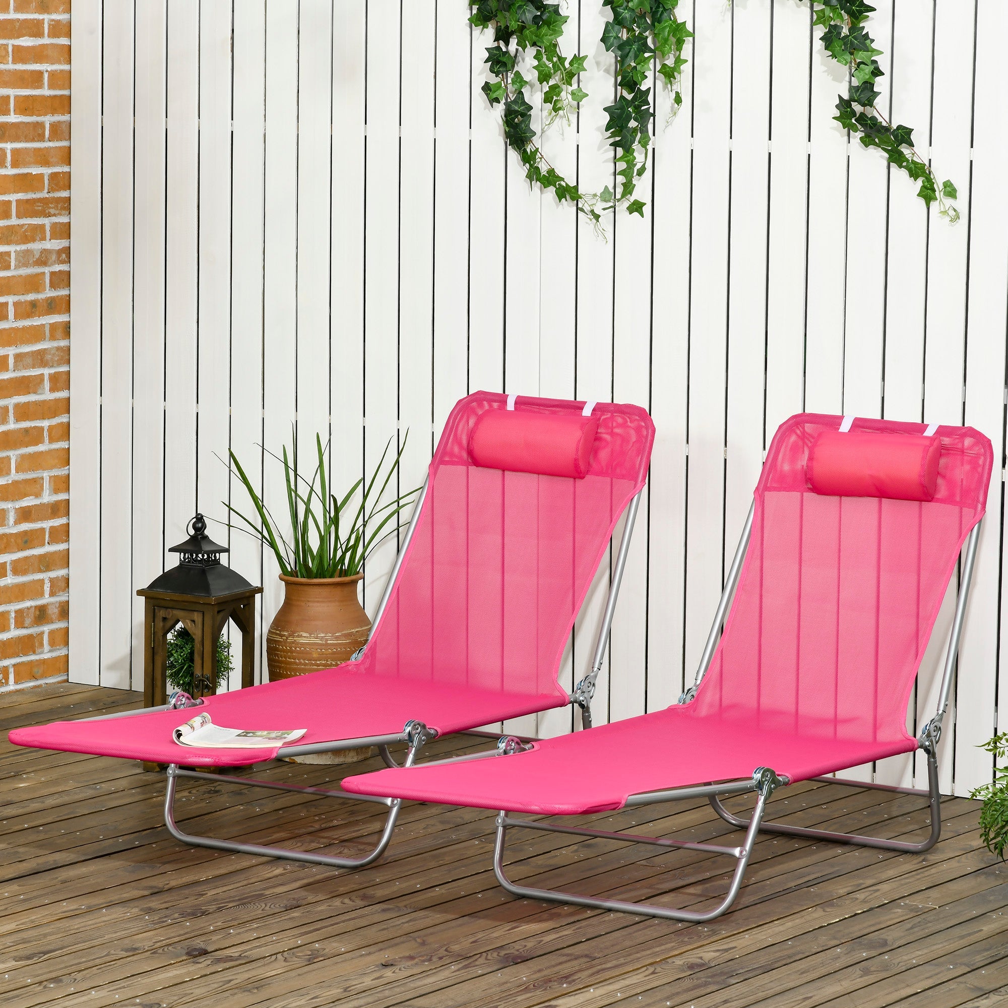 Outsunny Set of 2 Folding Chaise Lounge Chairs, Outdoor Poolside Sun Tanning Chairs w/ Pillow, Reclining Backrest, Pink 