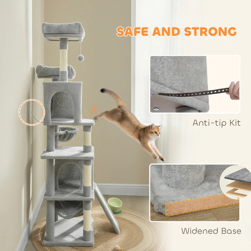 Cat Tree, 70" Multi-Level Cat Tower with 2 Condos, 2 Beds, Hammock, Toy Balls, Scratching Posts and Board, Light Grey