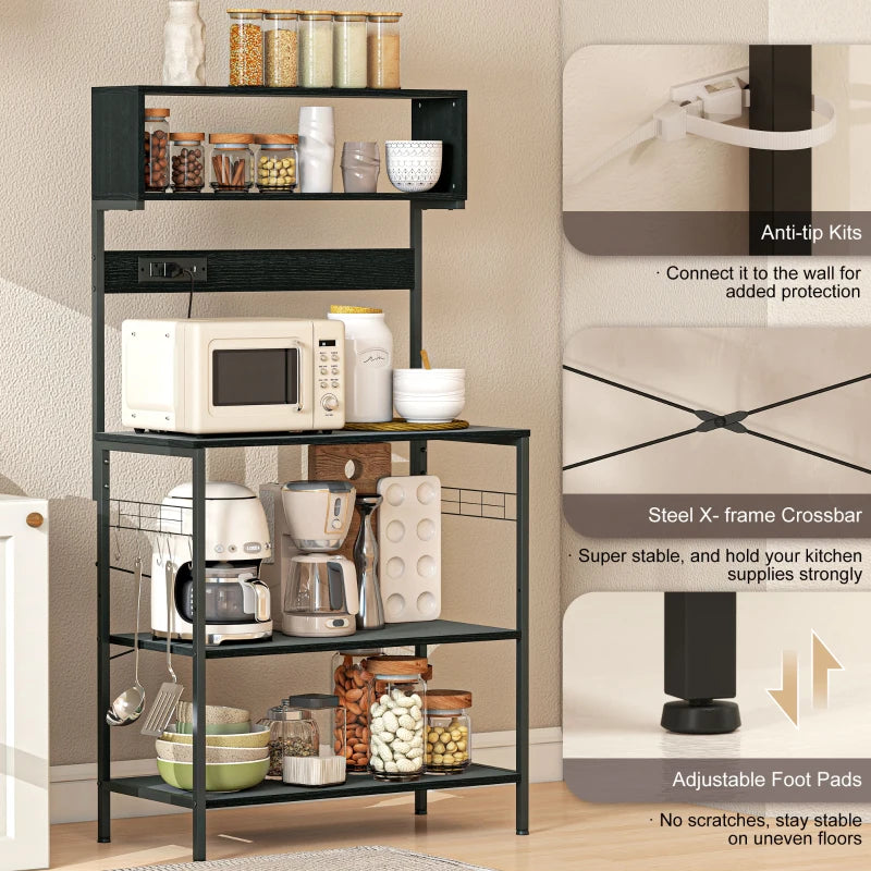 Baker's Rack with Charing Station, Microwave Shelf with Power Outlet, USB Charger and 5 Hooks, Black
